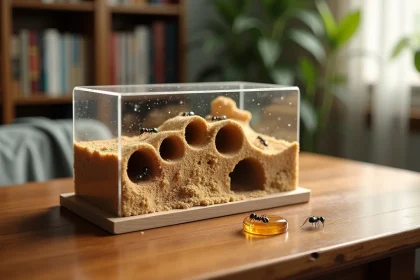 Kit fourmilière transparent avec colonie de fourmis noires dans des galeries creusées, posé sur un bureau en bois