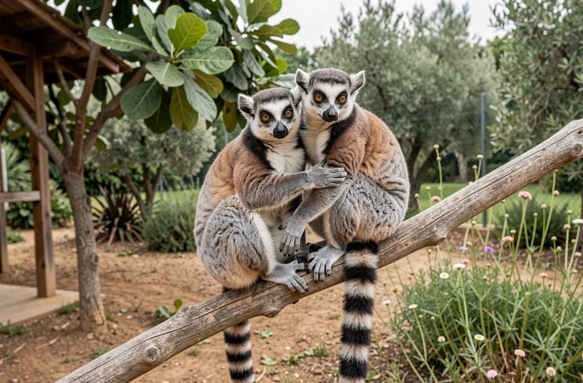 Deux lémuriens sur une branche dans le parc animalier l'Arche de Méo près de Saint-Rémy-de-Provence