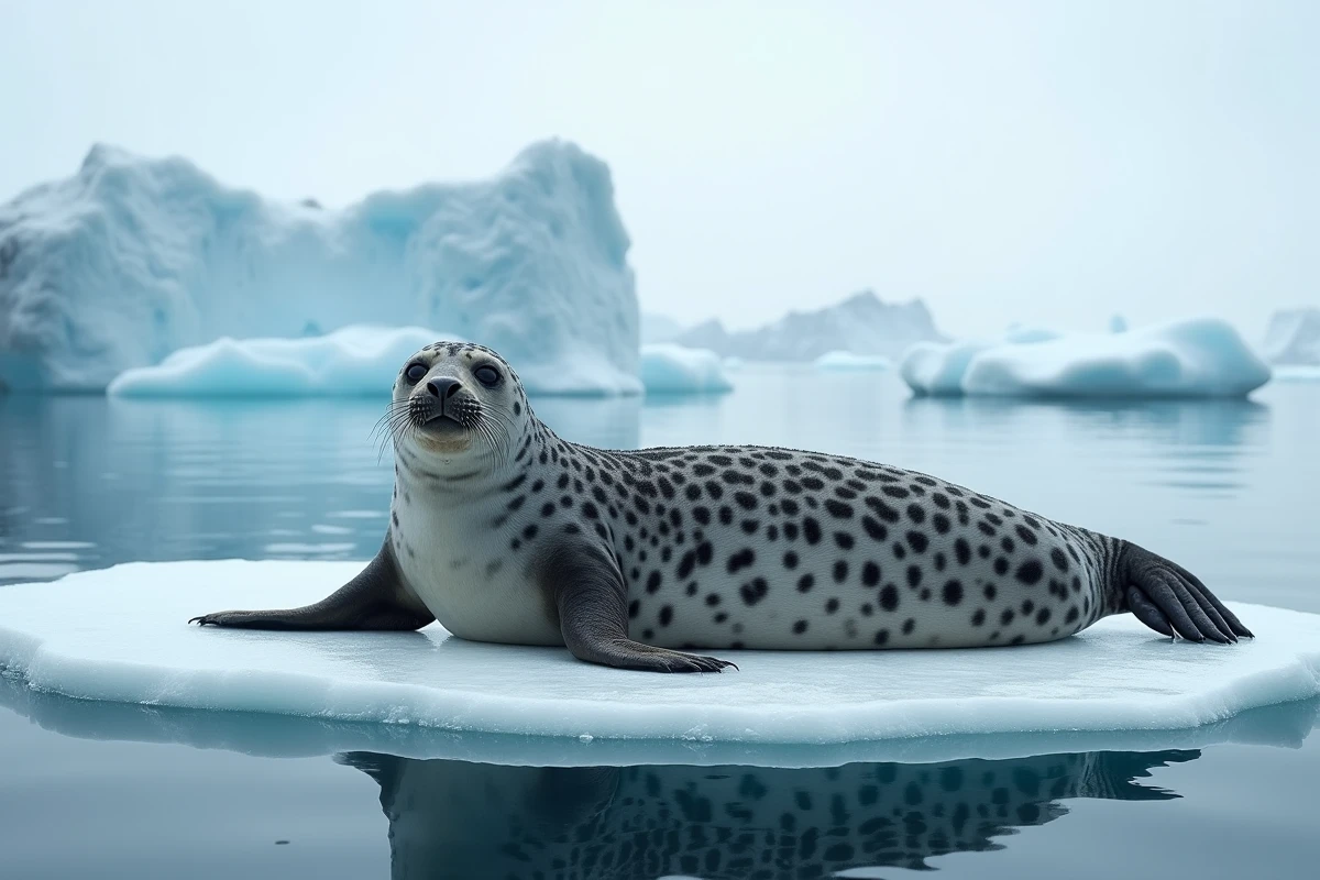 Léopard de mer reposant sur une banquise en Antarctique, représentant les animaux de grande taille en habitat polaire