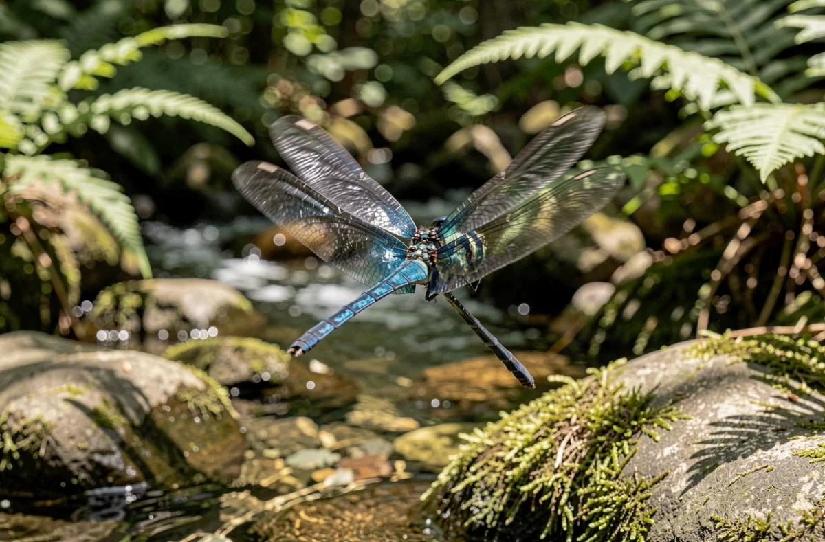 Libellule en vol au-dessus d'un ruisseau forestier, ailes en mouvement flou artistique, photographie naturaliste réaliste