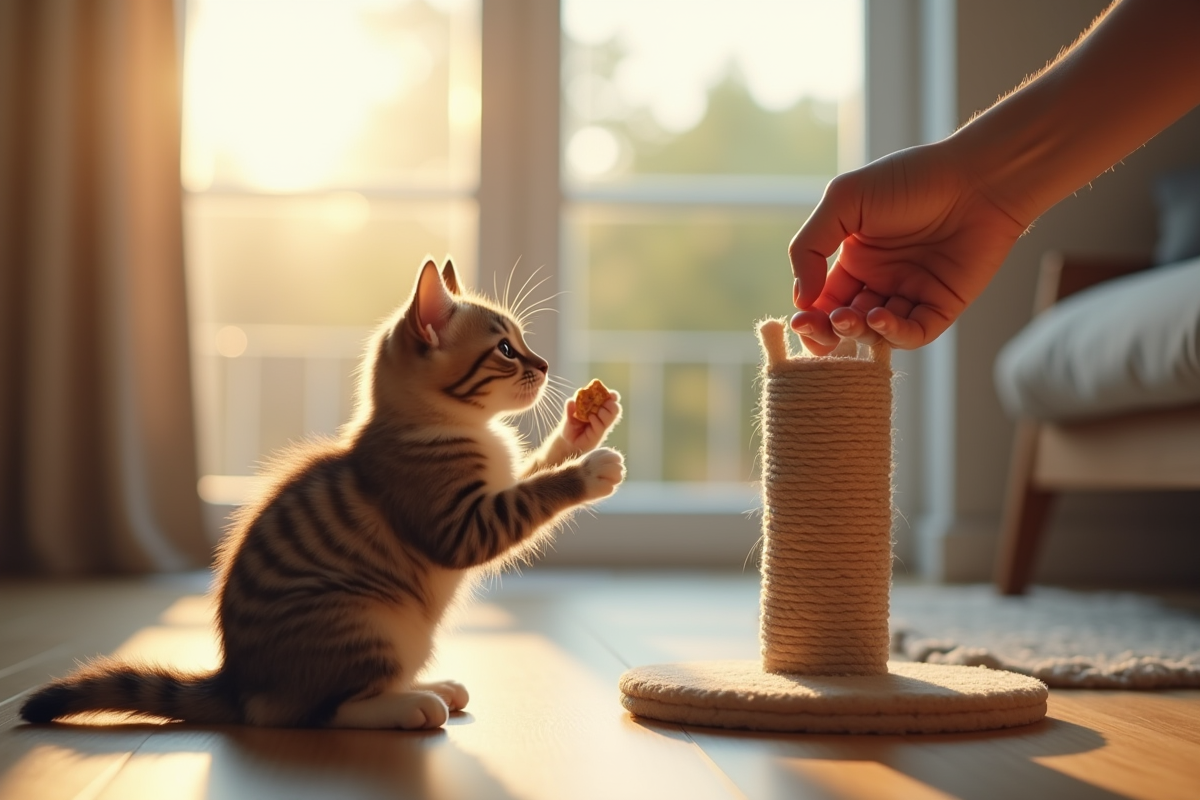 Main offrant une friandise à un jeune chat curieux dans un intérieur moderne