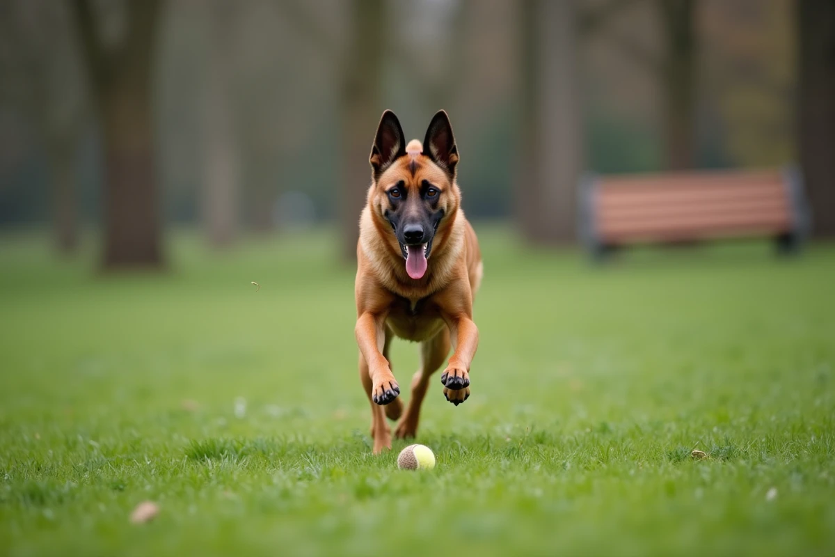 Chien malinois lab en pleine course dans un parc, montrant son énergie naturelle