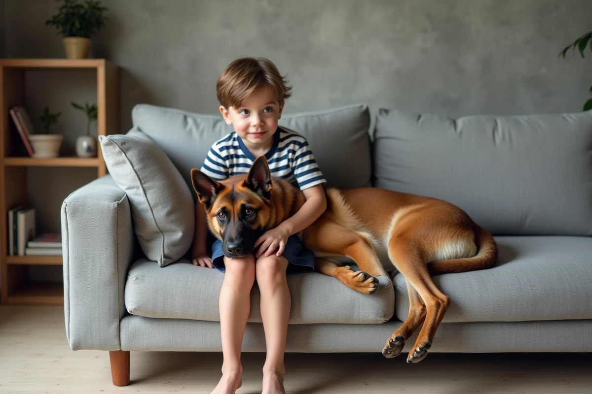 Chien malinois lab allongé paisiblement sur un canapé aux côtés d'un enfant dans un salon familial
