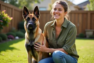 Femme souriante avec son malinois lab assis dans un jardin familial ensoleillé