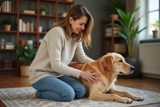 Femme massant un chien senior dans un salon chaleureux
