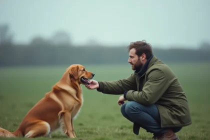 Un éducateur canin professionnel en plein air dans les Hauts-de-France, agenouillé auprès d'un golden retriever attentif dans un paysage rural verdoyant