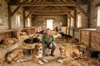 Vue générale d'un élevage canin en Nouvelle-Aquitaine avec plusieurs chiens dans un chenil rustique en pierre et bois
