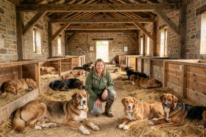 Vue générale d'un élevage canin en Nouvelle-Aquitaine avec plusieurs chiens dans un chenil rustique en pierre et bois