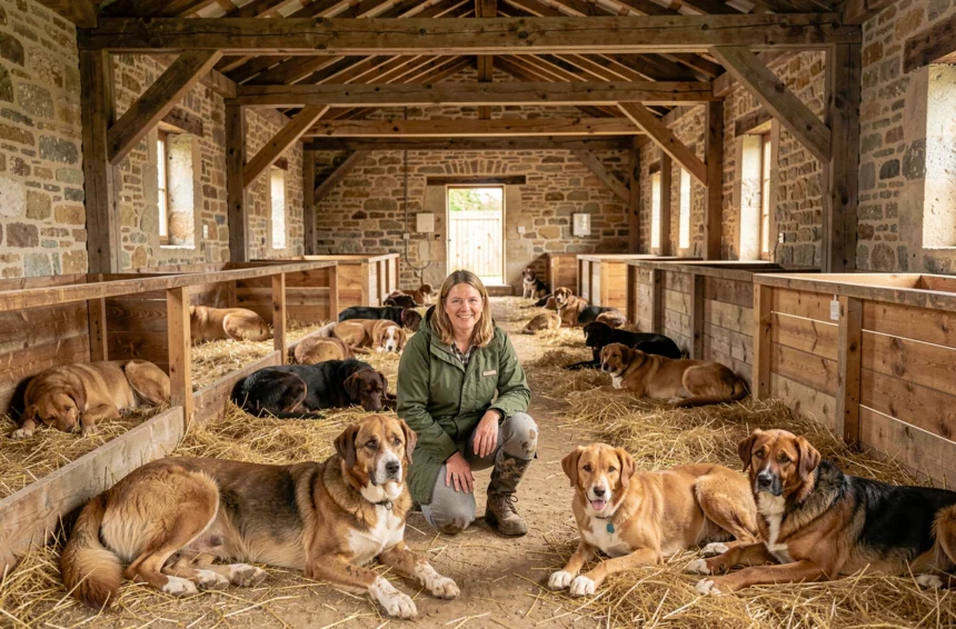 Vue générale d'un élevage canin en Nouvelle-Aquitaine avec plusieurs chiens dans un chenil rustique en pierre et bois