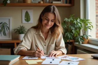 Femme étudiant des fiches mémo d'animaux commençant par la lettre I comme l'iguane et l'ibis, assise à un bureau en bois dans un espace de travail cosy