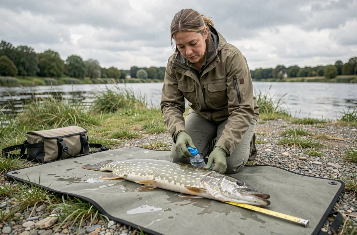 Pêcheuse mesurant un brochet sur un tapis de réception humide au bord de la rivière avec des gants de protection