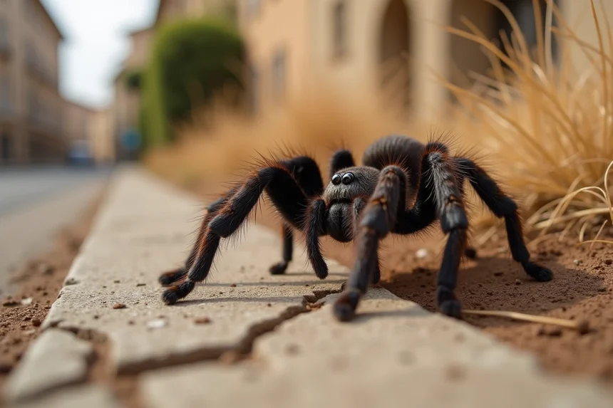 Mygale de Provence en gros plan sur un sol sec fissuré en milieu urbain, araignée aux poils bruns bien visibles