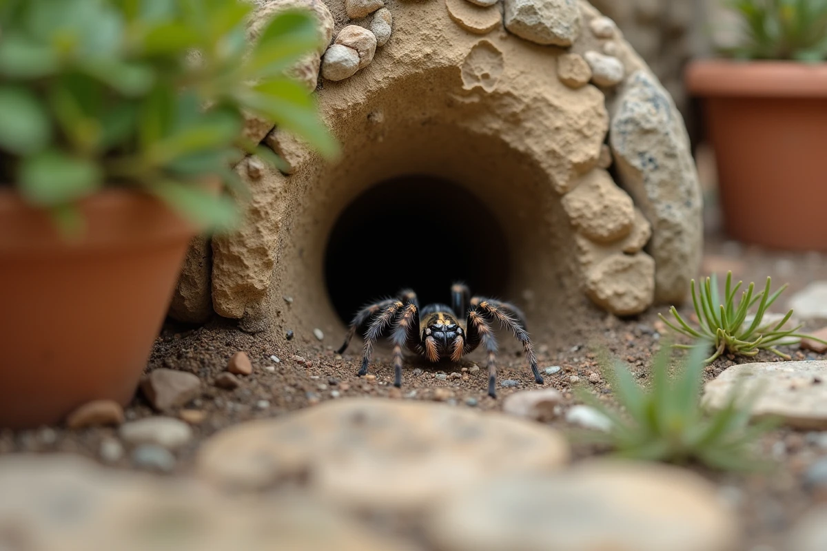 Mygale de Provence sortant de son terrier soyeux sous un mur de pierre dans un jardin urbain provençal