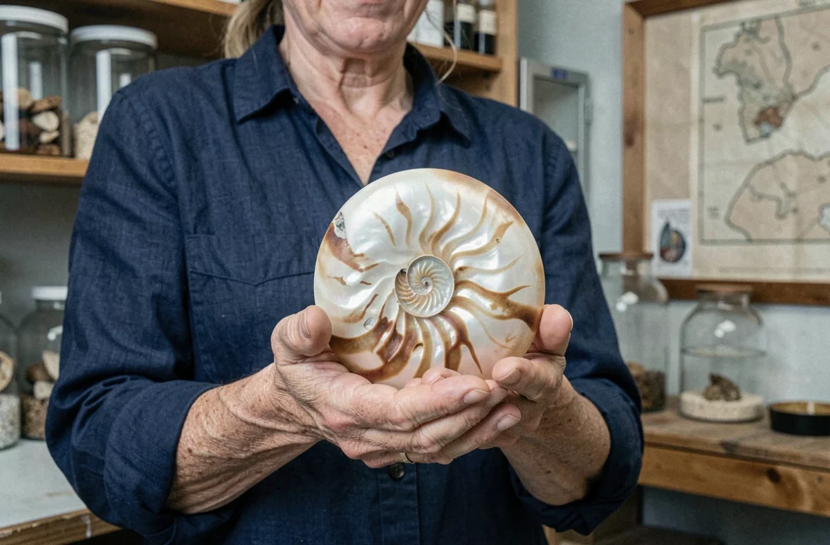 Mains d'une biologiste marine tenant une coquille de nautile aux spirales nacrées dans un laboratoire côtier