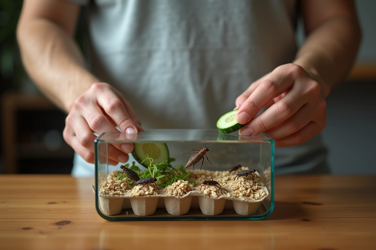 Personne nourrissant des grillons en terrarium avec du concombre frais et des flocons d'avoine