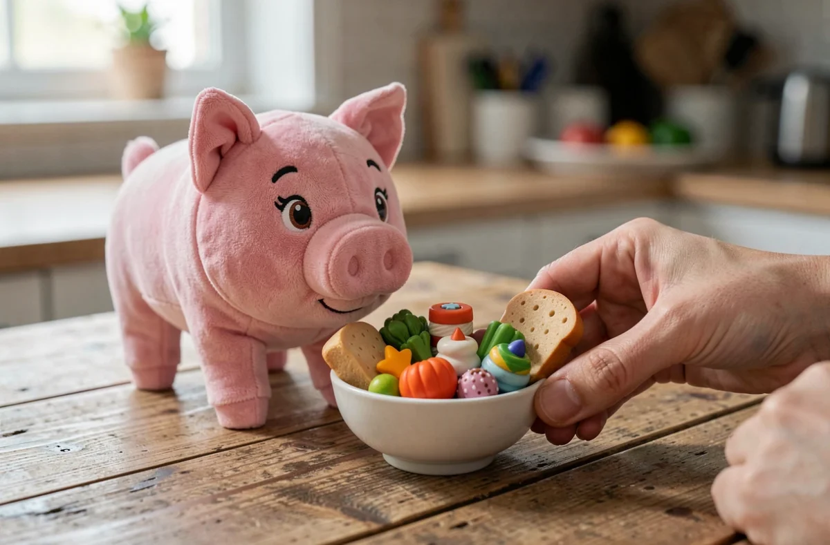 Mains déposant de la nourriture miniature devant une peluche pioute rose sur une table en bois rustique