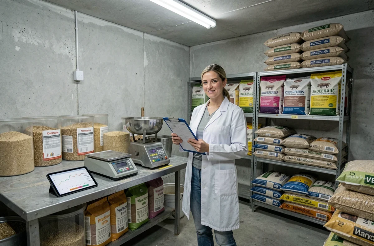 Nutritionniste agricole analysant les rations alimentaires pour l'optimisation de l'engraissement porcin