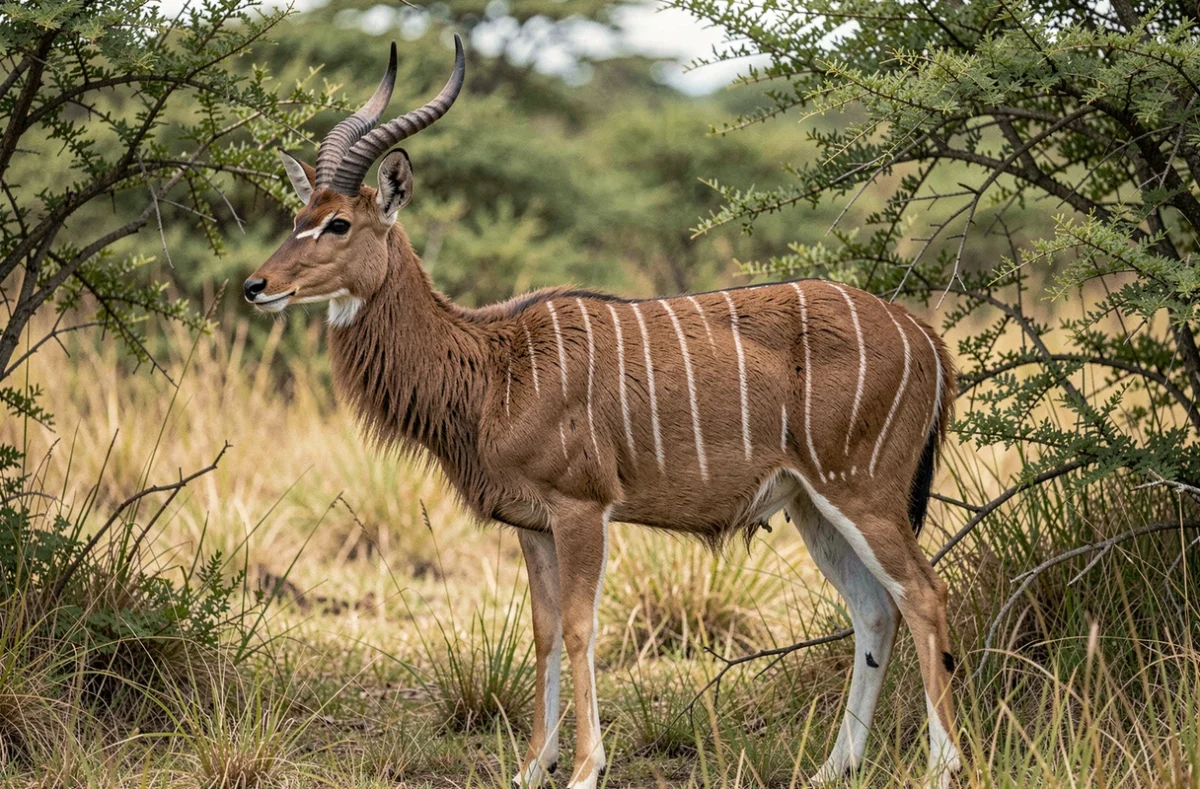 Nyala mâle aux cornes spiralées et à la robe rayée debout au bord d'un fourré en réserve naturelle sud-africaine