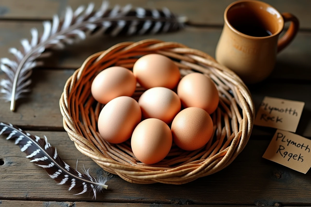 Œufs de poule Plymouth Rock dans un panier en osier sur une table en bois de ferme