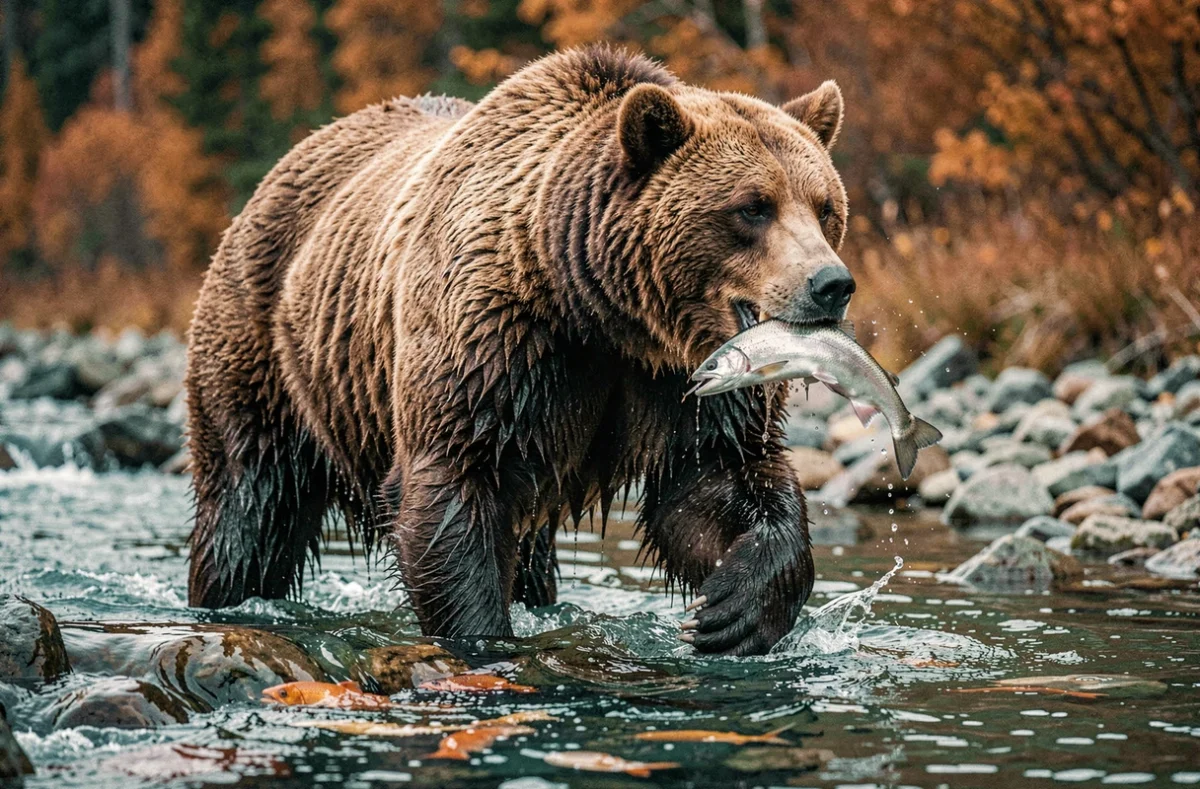 Ours Kodiak en train de pêcher un saumon dans une rivière peu profonde en automne, fourrure mouillée et poissons visibles