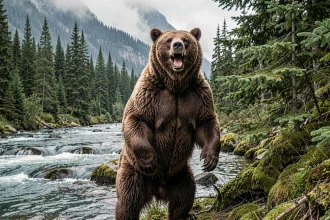 Ours Kodiak debout sur ses pattes arrière au bord d'une rivière sauvage en Alaska, entouré de forêt de sapins