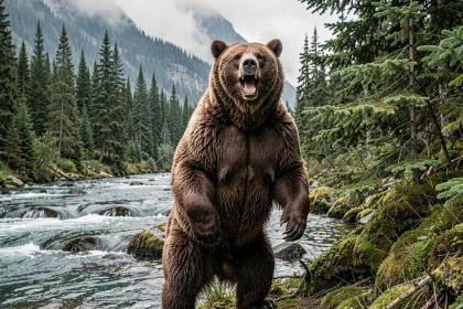 Ours Kodiak debout sur ses pattes arrière au bord d'une rivière sauvage en Alaska, entouré de forêt de sapins
