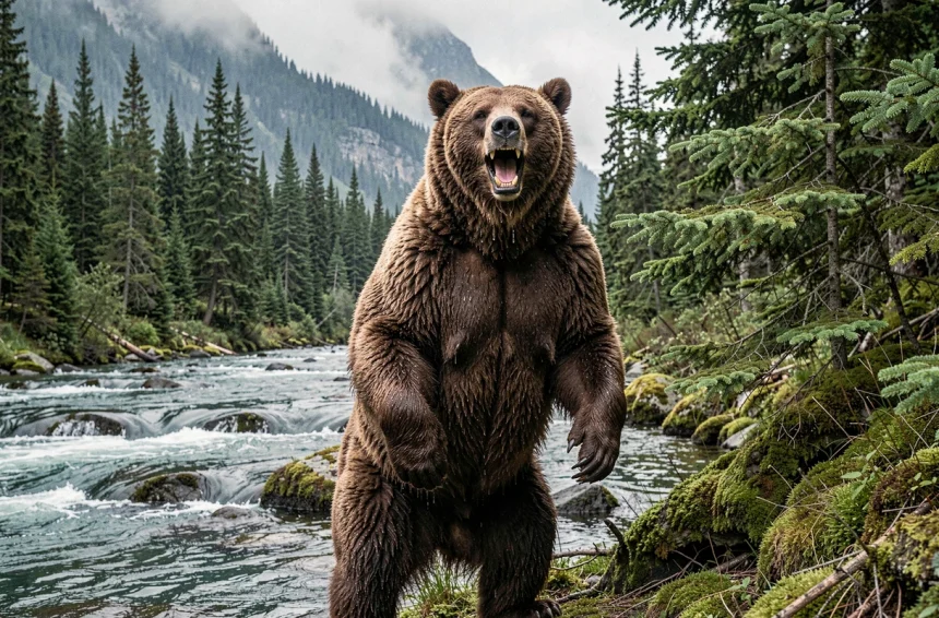 Ours Kodiak debout sur ses pattes arrière au bord d'une rivière sauvage en Alaska, entouré de forêt de sapins
