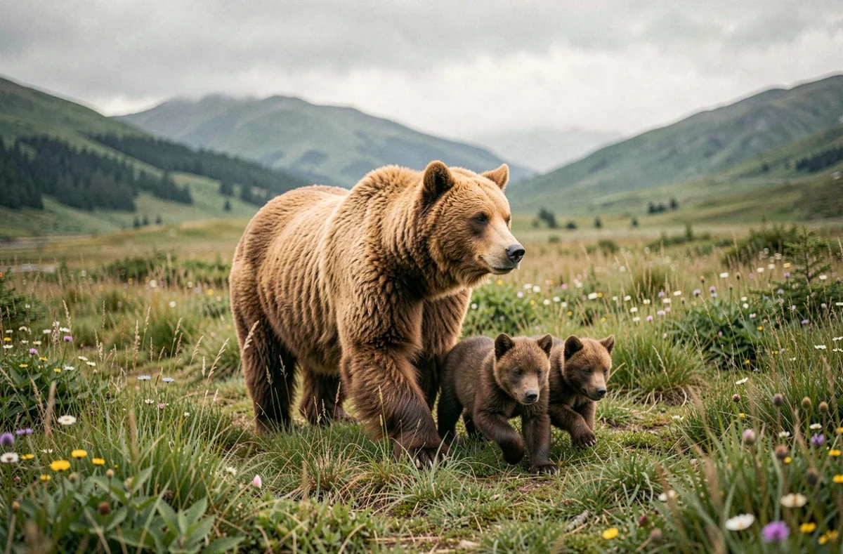 Femelle ours Kodiak et ses deux oursons traversant une prairie alpine fleurie sur l'île Kodiak en Alaska