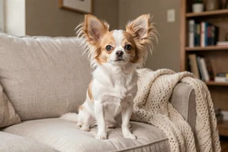 Papillon Chihuahua assis sur un canapé en lin, oreilles papillon dressées et regard expressif, ambiance intérieure cosy