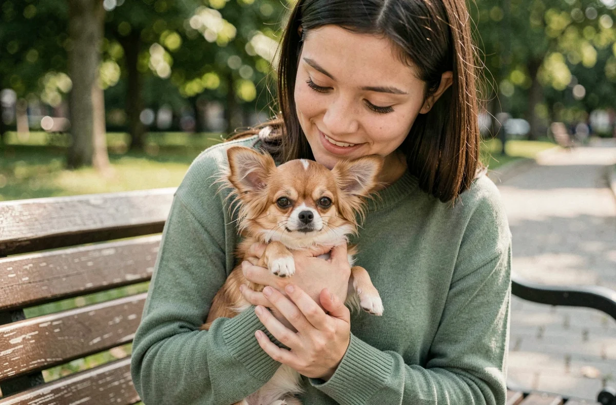 Jeune femme tenant un Papillon Chihuahua dans ses bras sur un banc de parc, petit chien de poche au regard vif et aux grandes oreilles frangées