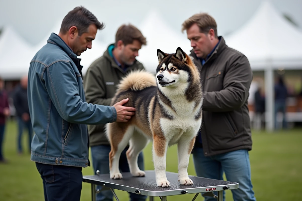 Des passionnés d'Akita Inu examinant un spécimen bringé bleu lors d'une exposition canine en plein air, illustrant l'engouement des éleveurs pour cette robe rare