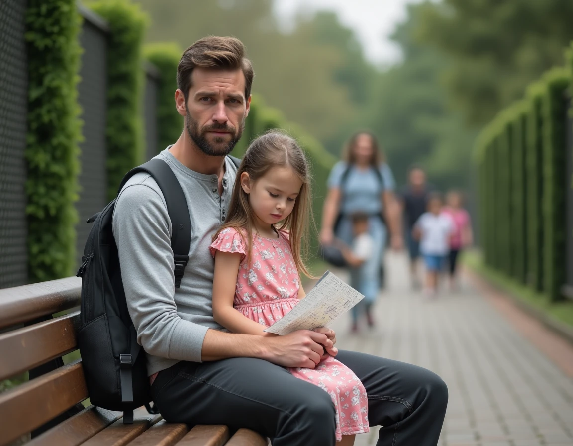 Père fatigué tenant sa petite fille endormie sur un banc lors d'une visite au zoo de Strasbourg