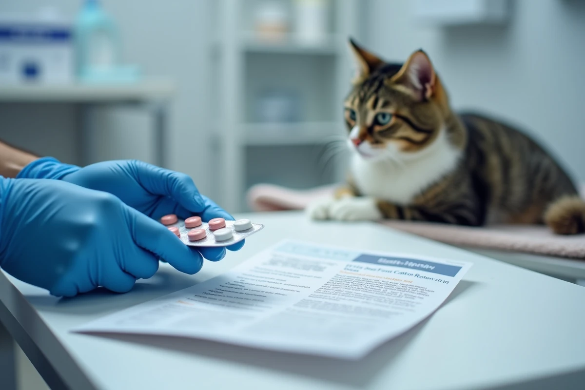 Mains de vétérinaire tenant des pilules contraceptives pour chatte et une brochure sur les risques de tumeurs mammaires