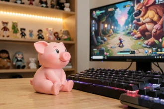 Figurine rose d'une pioute posée sur un bureau de gamer avec clavier mécanique et écran de jeu fantastique en arrière-plan