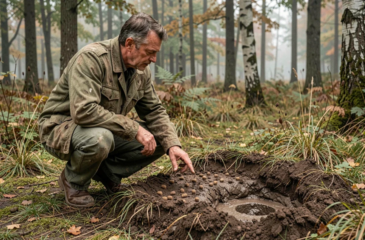 Chasseur ou pisteur accroupi en forêt examinant des indices de présence de sangliers, sol retourné et crottes visibles au sol en automne