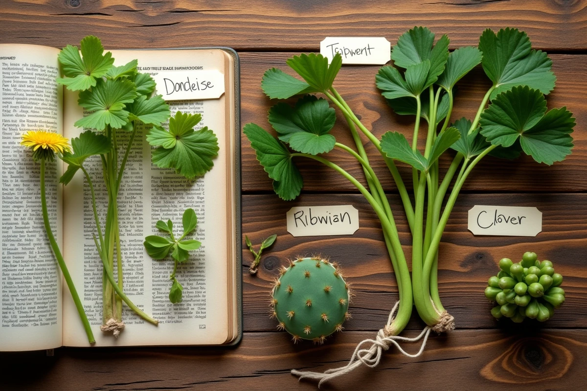 Vue de dessus d'une sélection de plantes comestibles et non toxiques pour tortue avec étiquettes botaniques