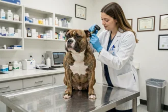 Vétérinaire examinant un Pocket American Bully sur une table de consultation dans une clinique vétérinaire