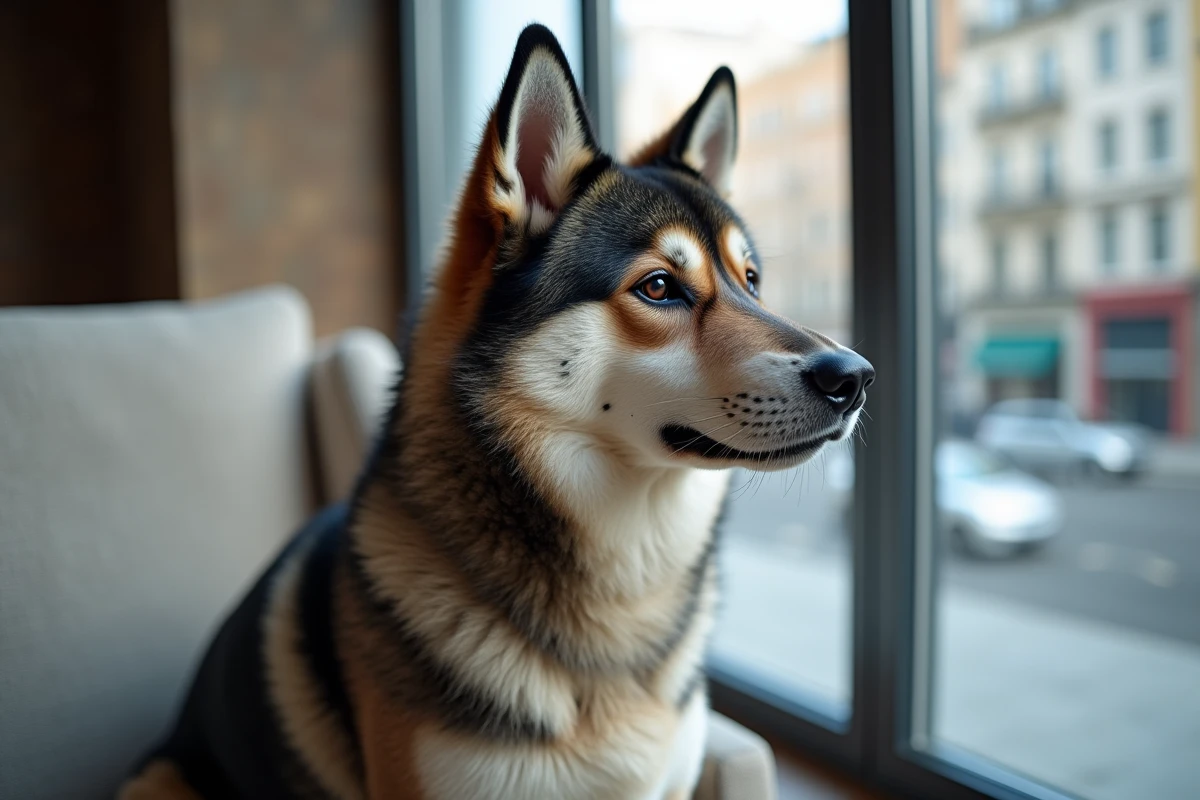 Portrait en gros plan d'un Akita Inu bringé bleu assis sur un fauteuil en lin, mettant en valeur les détails de son pelage et son expression calme et noble