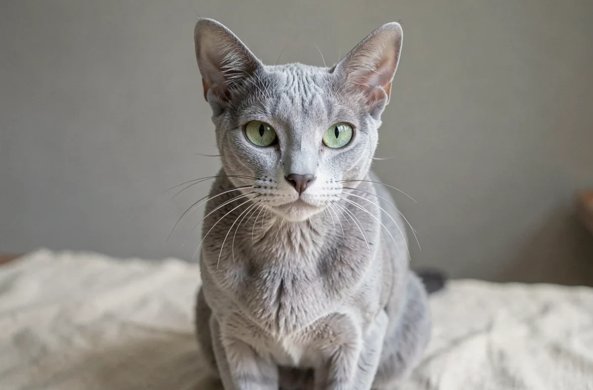 Portrait en gros plan d'un chat Korat aux yeux verts avec sa robe bleue argentée caractéristique