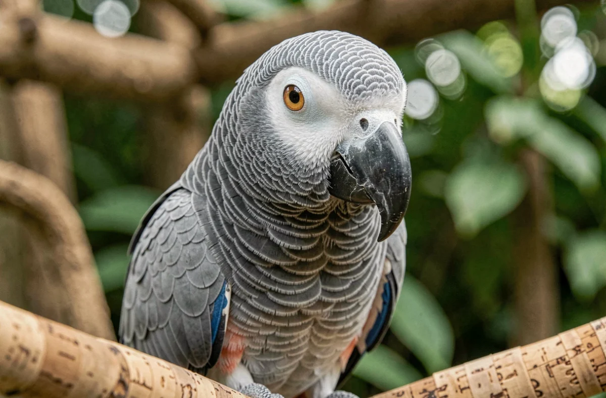 Portrait en gros plan d'un gris du Gabon bleu montrant le détail du plumage, l'œil expressif et le bec caractéristique de cette variété rare