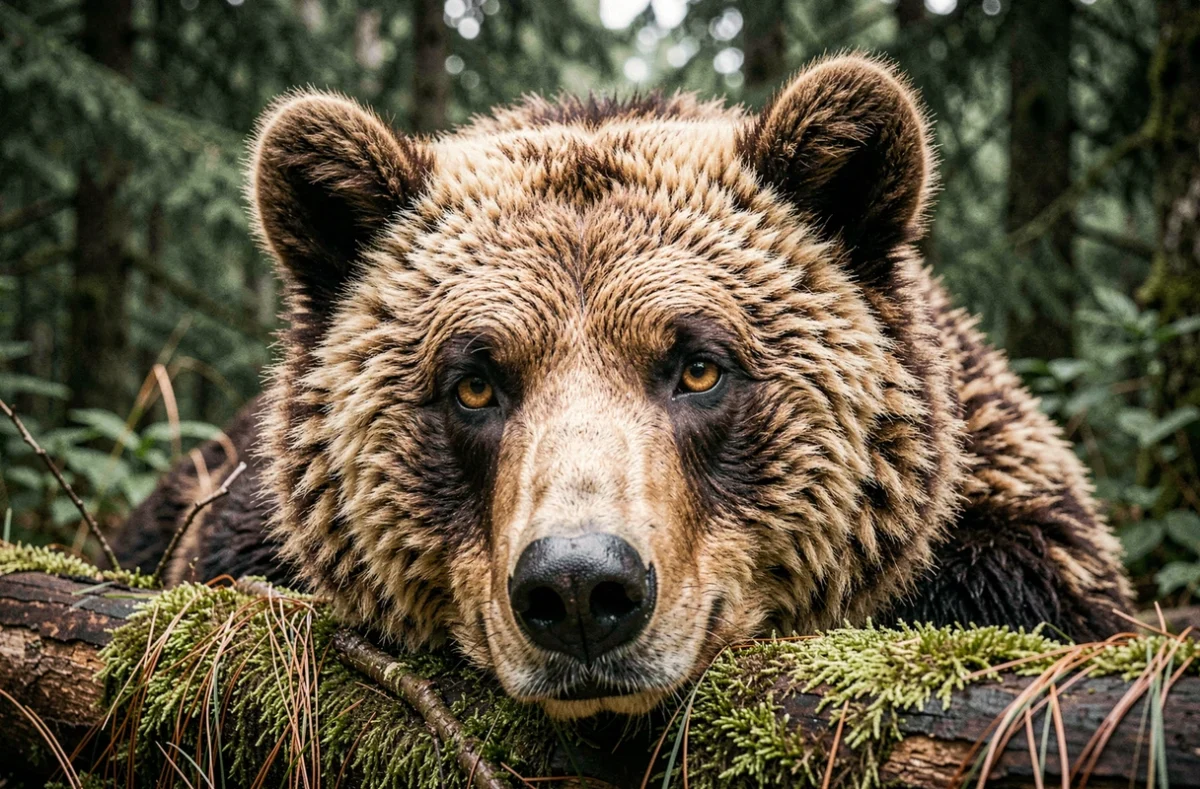 Portrait en gros plan d'un ours Kodiak au repos dans une forêt tempérée, regard calme et fourrure épaisse très détaillée