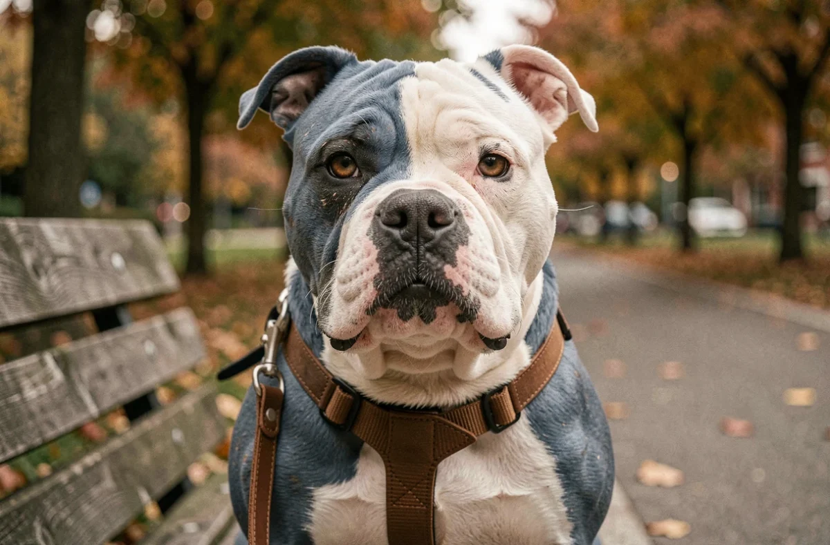 Portrait en gros plan d'un Pocket American Bully en laisse dans un parc urbain en automne