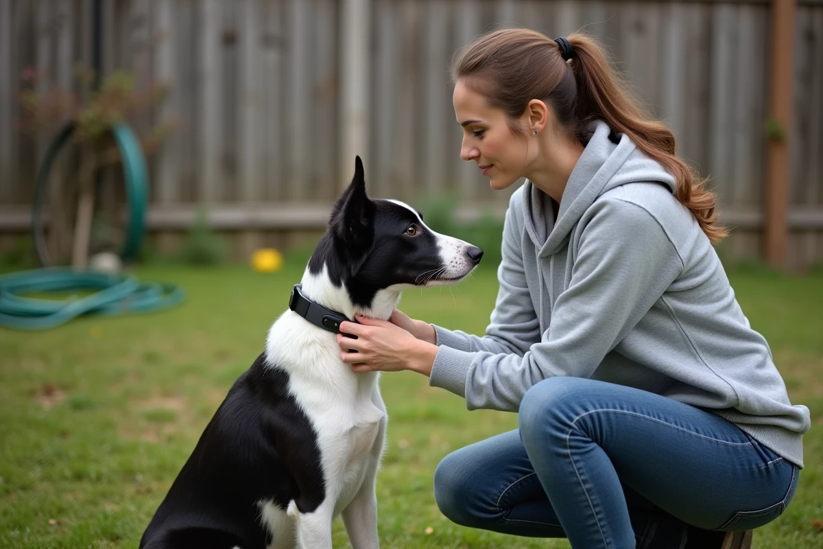 Femme attachant un collier GPS sur un border collie dans un jardin résidentiel
