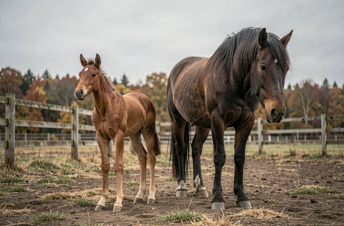 Poulain et vieux cheval côte à côte dans un paddock, contraste entre jeunesse et vieillissement équin illustrant l'espérance de vie du cheval