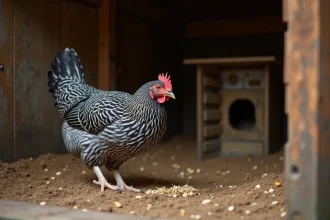 Poule Plymouth Rock barrée adulte dans un poulailler en bois avec litière de paille
