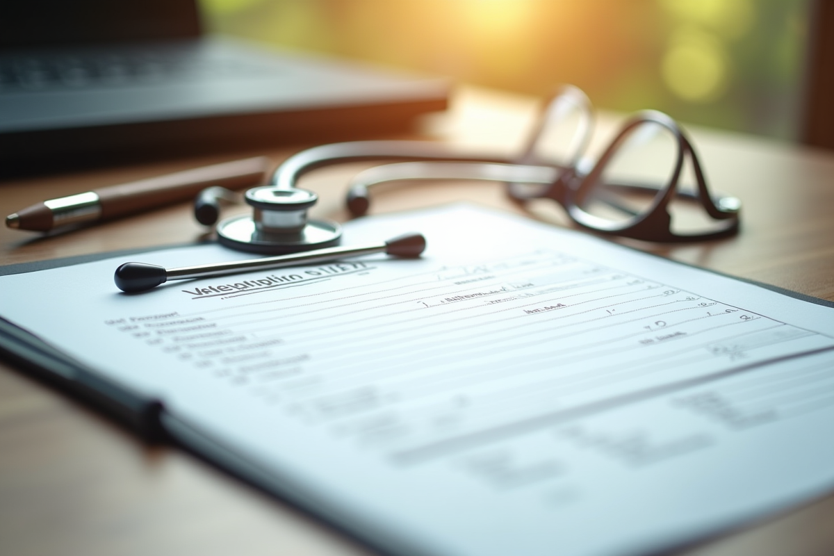 Formulaire de prescription vétérinaire sur un bureau en bois
