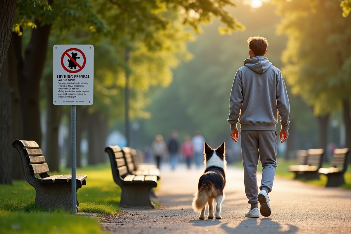 Jeune homme promene son chien dans un parc urbain ensoleille