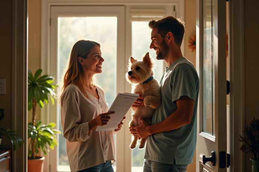 Promeneur d'animaux souriant remettant un chien au propriétaire