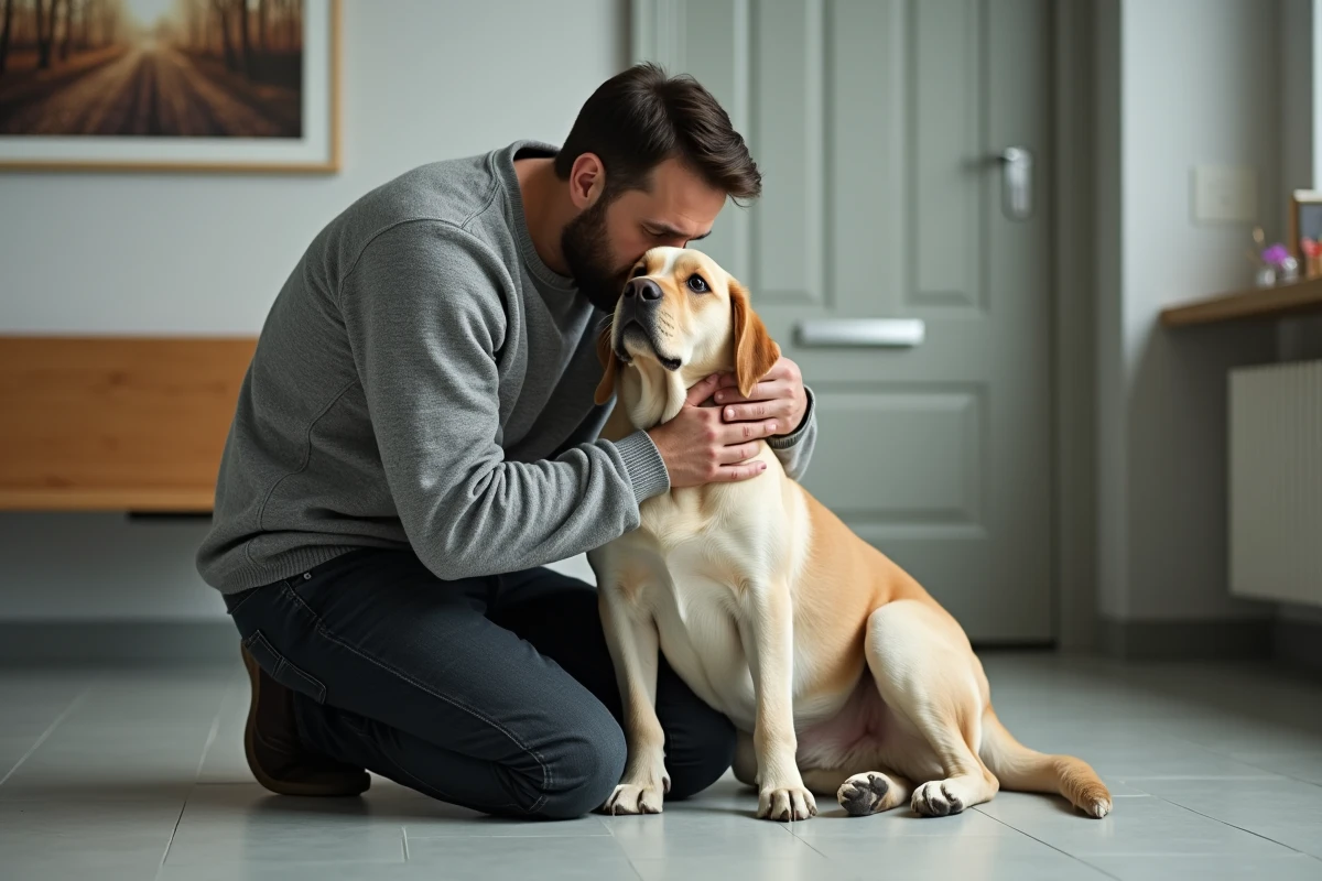 Propriétaire émotionnel faisant ses adieux à son grand chien âgé dans une salle de clinique vétérinaire