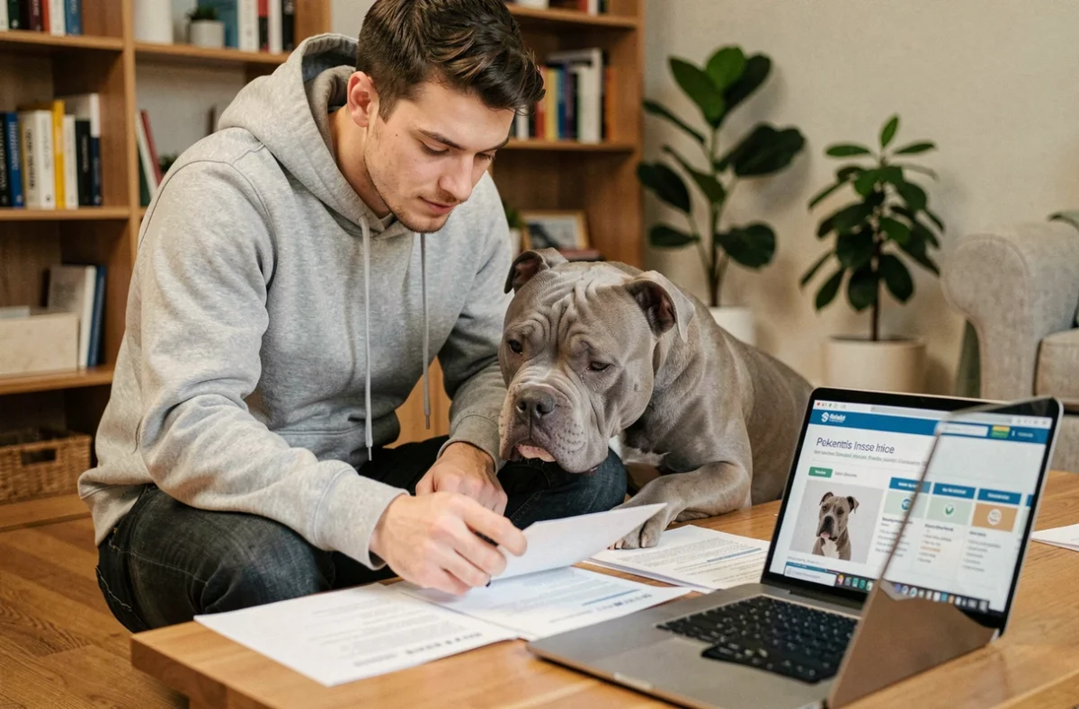 Propriétaire consultant des documents d'assurance pour son Pocket American Bully dans un appartement